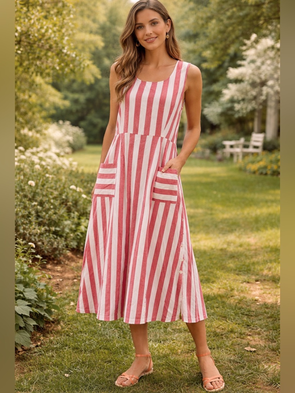 April Cornell Red & White Striped Cotton Midi Dress Size Small